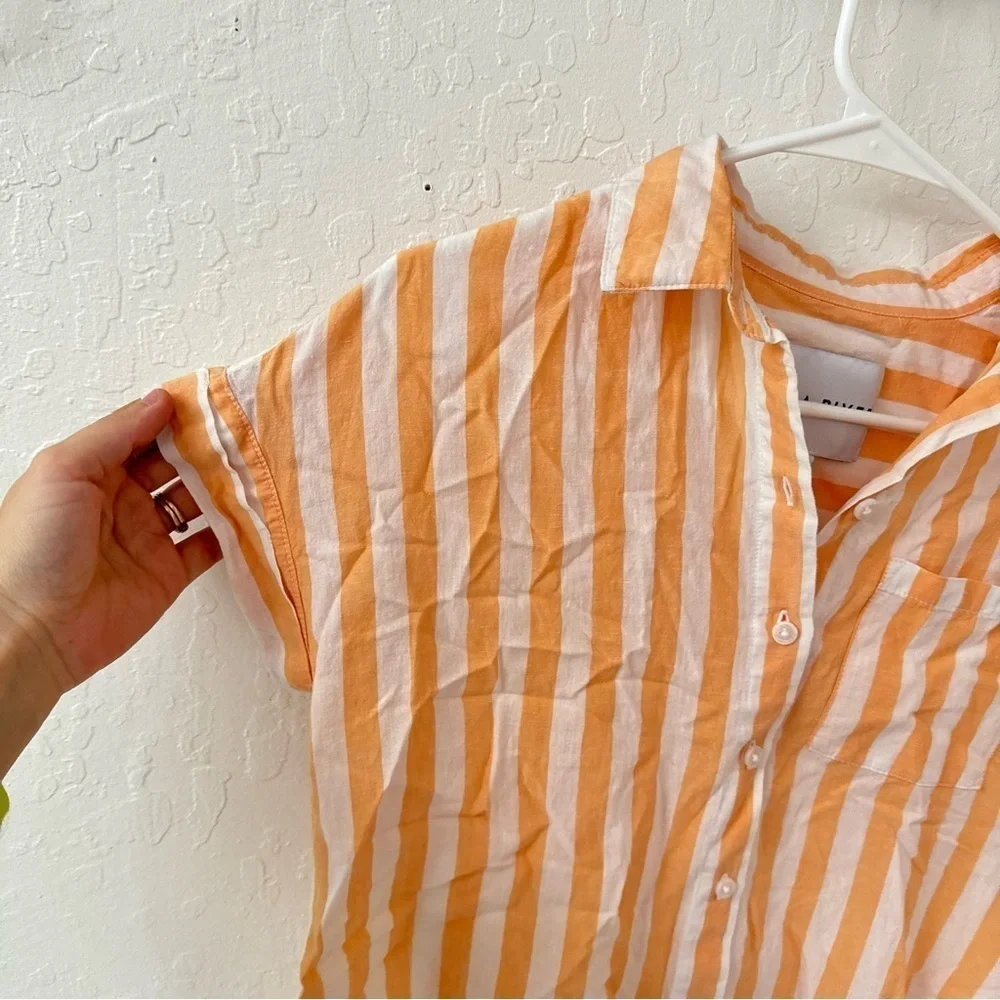 LOLA RIVER Orange White Striped Resort Casual Button Up Short Sleeve XS